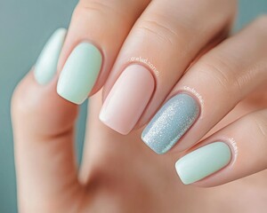 A stylish manicure featuring pastel shades of mint and pink, with one nail adorned in glitter, showcasing modern nail art trends.