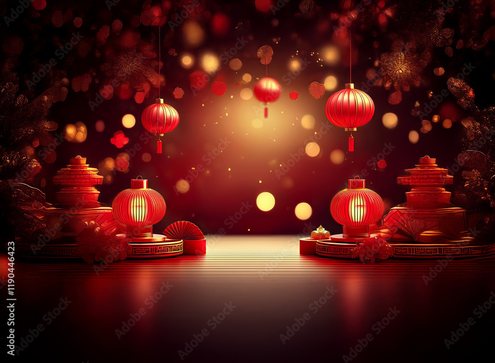 Aufkleber red lanterns and gold ingots illuminate a dark background with bokeh effects, creating a festive, ce