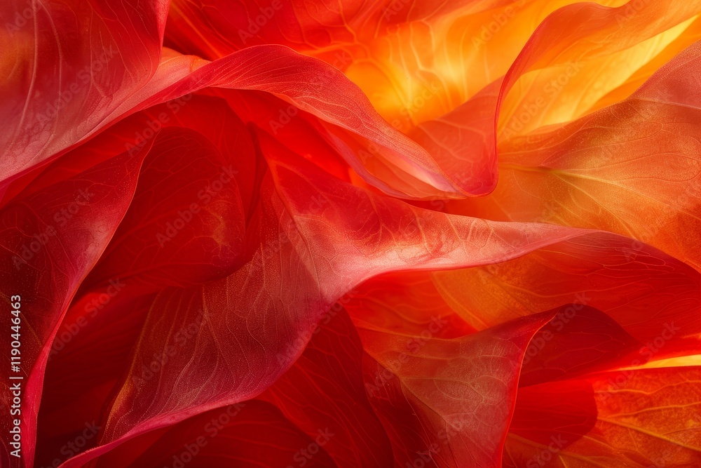 Poster a close-up of red and orange fabric layers, creating a textured and abstract image, luminous shades 