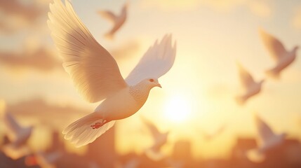 White doves soaring in a sunset sky above a city.