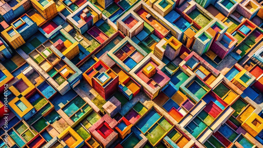 Poster aerial view abstract geometric pattern interlocking colorful blocks