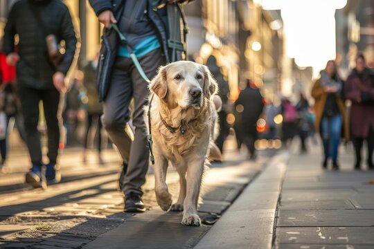 A guide dog leads its owner through a crowded city street, navigating the busy sidewalk with confidence, A guide dog leading its owner through a bustling city street