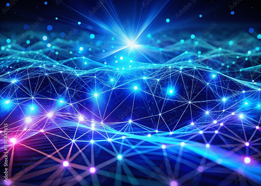 Poster abstract blue tech background: digital waves, neural network, quantum computing