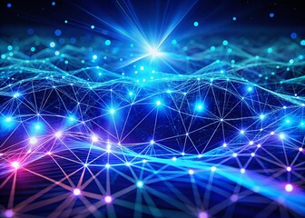 Abstract Blue Tech Background: Digital Waves, Neural Network, Quantum Computing