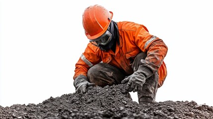 Worker in orange safety gear examining dark soil sample.