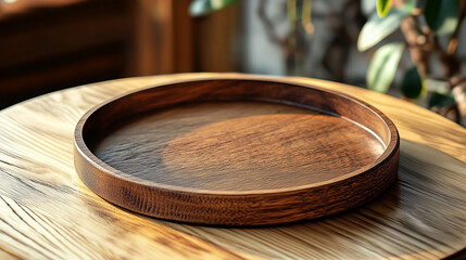 Obraz premium Empty wooden plate on a table in a minimalist tea room with blurred green plants visible through the window. Brown tones and simple design create a calming and natural atmosphere, ideal for showcasing