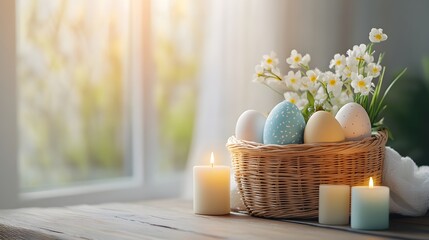 A charming Easter basket brimming with pastel eggs, surrounded by delicate flowers and soft candlelight, evokes spring joy.
