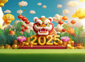 A cute lion dance figure celebrates the year 2025 amidst vibrant flowers, gold ingots, and festive lanterns against a cheerful sky.  A joyful scene of the upcoming Lunar New Year.