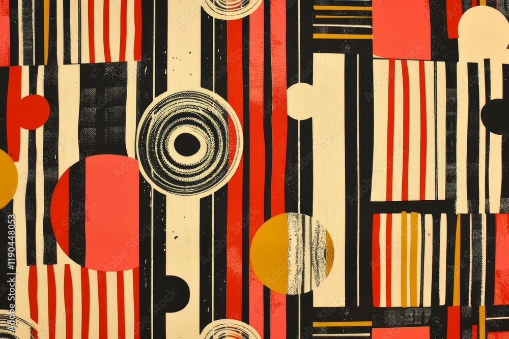 Wall mural a retro-inspired abstract pattern featuring bold stripes in red, black, and yellow with circles in t