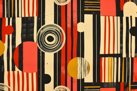 A retro-inspired abstract pattern featuring bold stripes in red, black, and yellow with circles in topaz, A retro-inspired pattern of bold stripes and funky shapes