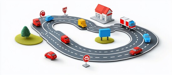 Miniature road with cars, buildings, and traffic signs.