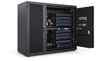 Obraz premium Open server rack with network equipment and power supply units.