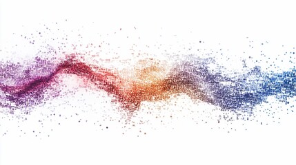 Abstract colorful particles flowing in wave form on white background.