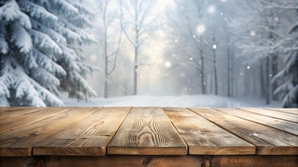 Rustic wooden table against a snowy winter forest background, ideal for product display or seasonal designs.