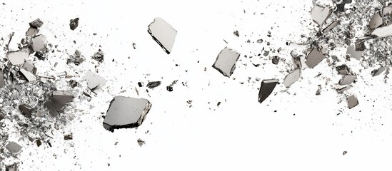 Shattered fragments of grey stone exploding against a white background.