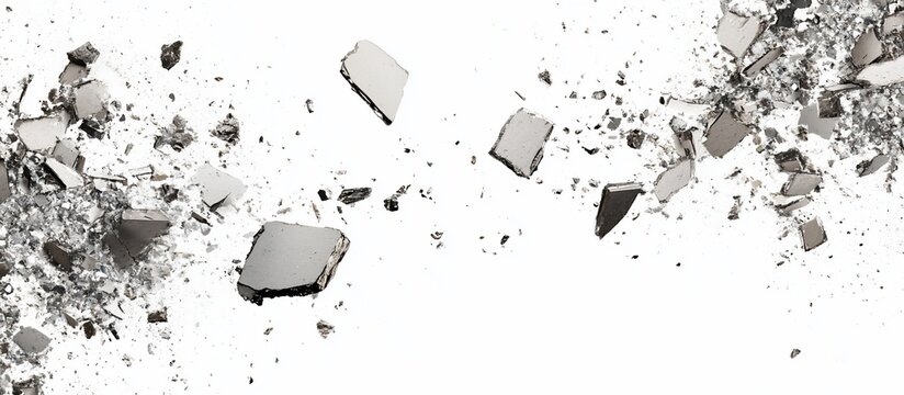 Shattered fragments of grey stone exploding against a white background.