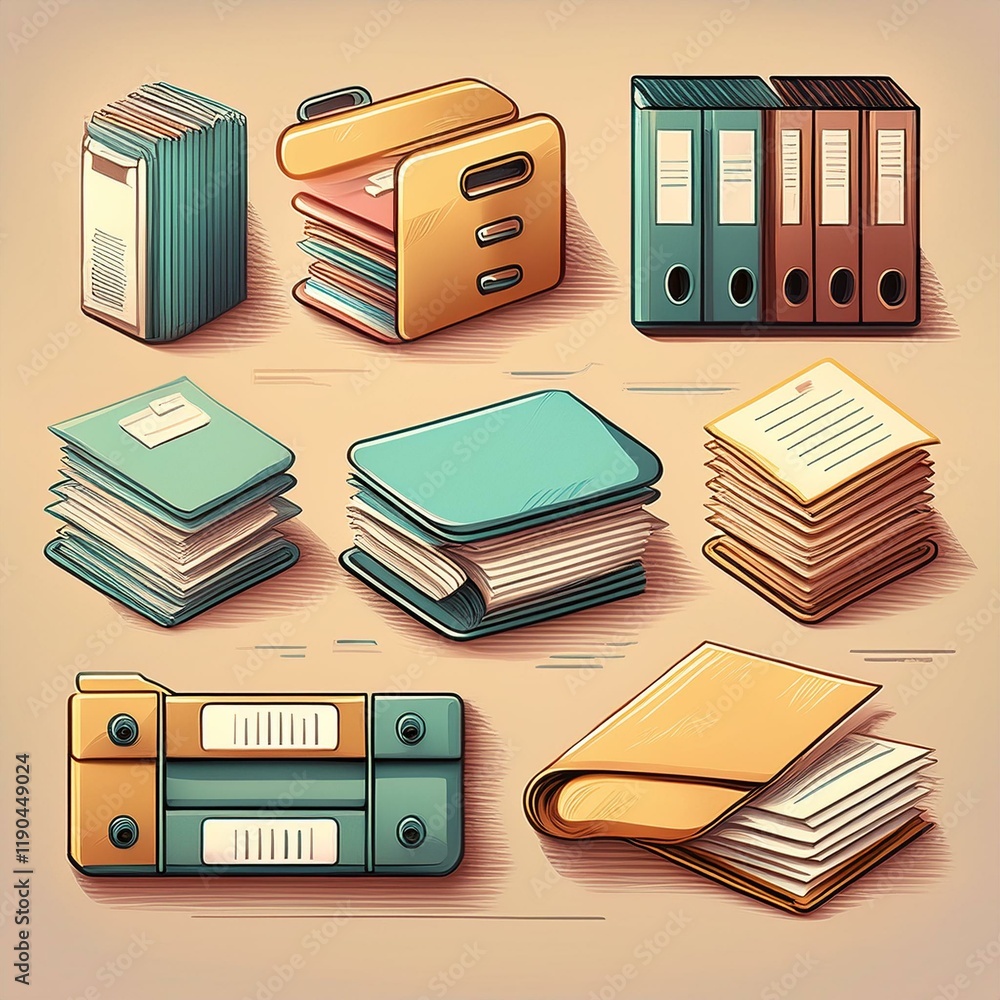 Poster icon set of a binder, file folder, and document stack in muted tones.