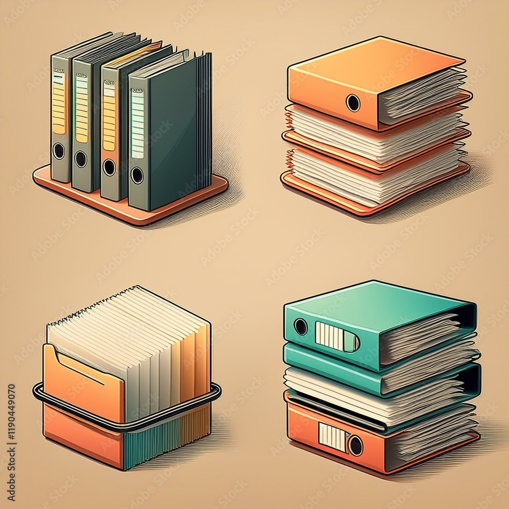Poster icon set of a binder, file folder, and document stack in muted tones.