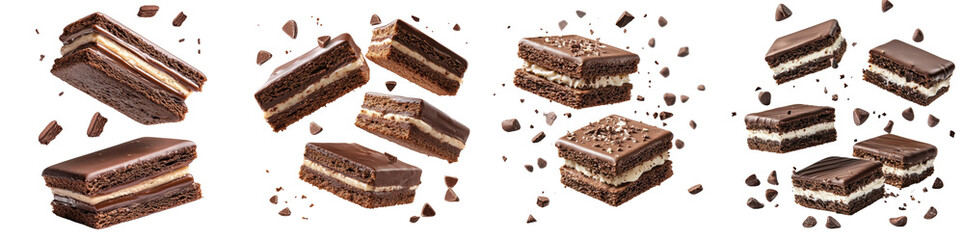 Obraz premium Chocolate sandwiches flying through the air isolated on white background. Mix Collection Png.
