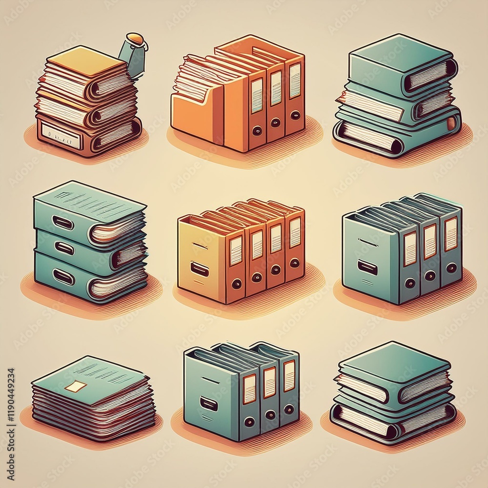 Poster icon set of a binder, file folder, and document stack in muted tones.