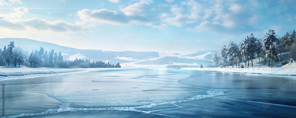Poster a frozen lake with a few trees in the background