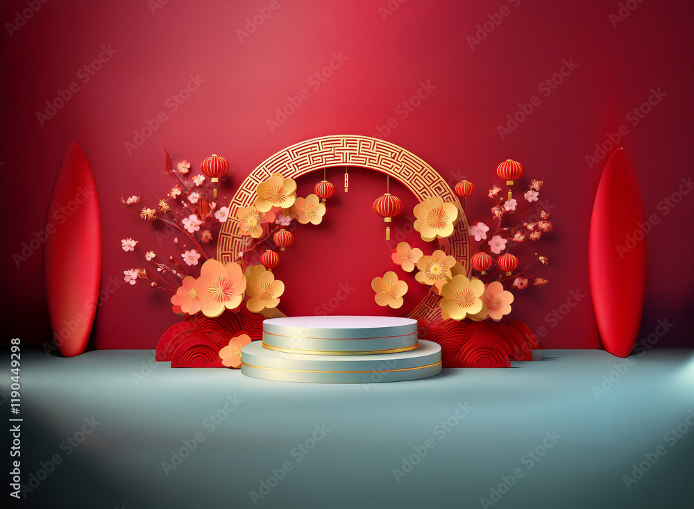 Poster elegant red and gold festive display. a circular archway adorned with paper flowers and lanterns fra