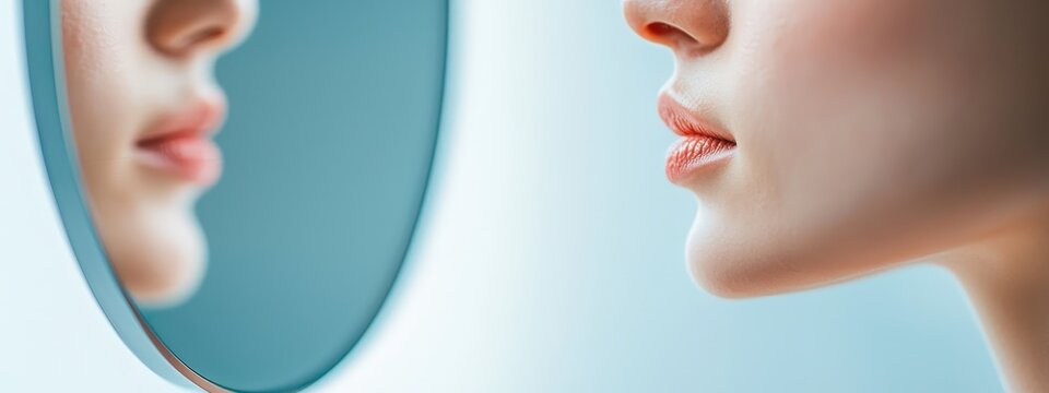 A person practicing chin retraction in front of a mirror for self-correction.