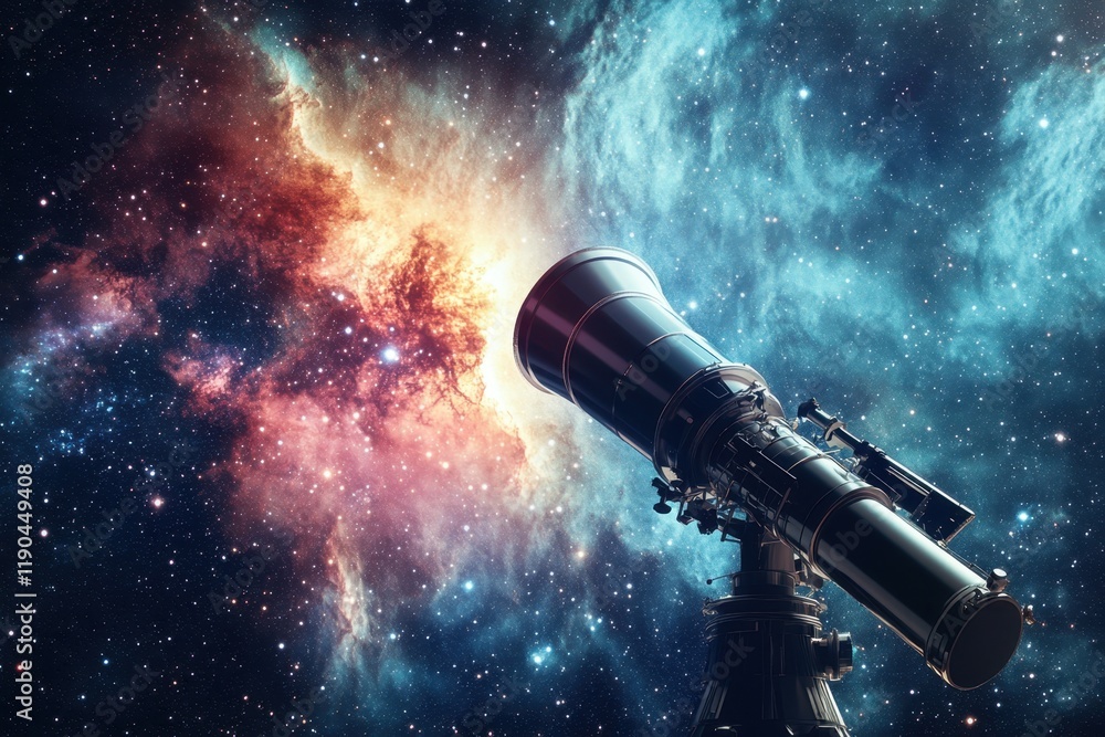 Poster explore the universe with a telescope observing the colorful nebula in space