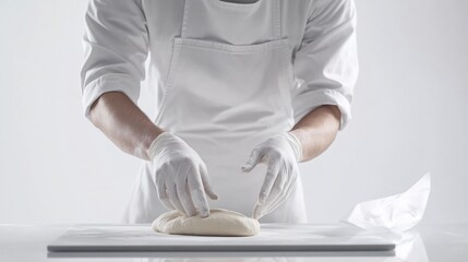 Baker's hands in white gloves shaping dough on white surface.