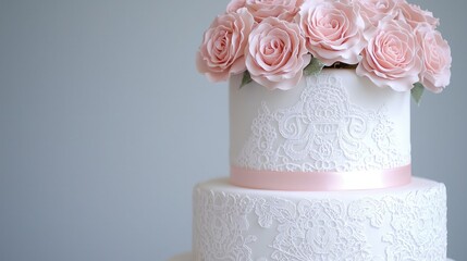 A two-tiered white cake adorned with delicate lace and topped with pink roses, perfect for weddings or special celebrations.