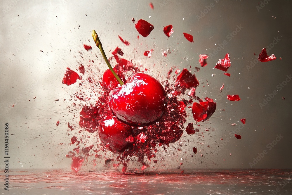 Poster vibrant red cherry fragmentation an ai generated digital art explosion of color and form