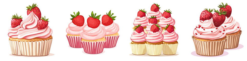 Flat style illustration of strawberry cupcakes isolated on white background. Mix Collection Png.