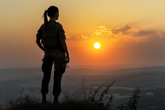 Female soldier observing sunset from hilltop at dawn