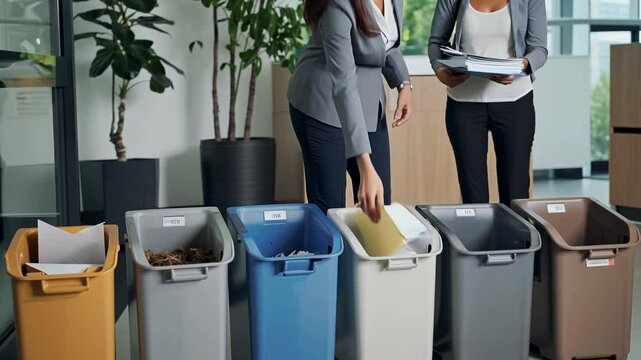Two female office workers stands near a set of four waste separation bins. One of them, dressed in business casual attire, holds a stack of paper in one hand, placing it into a bin with the other.