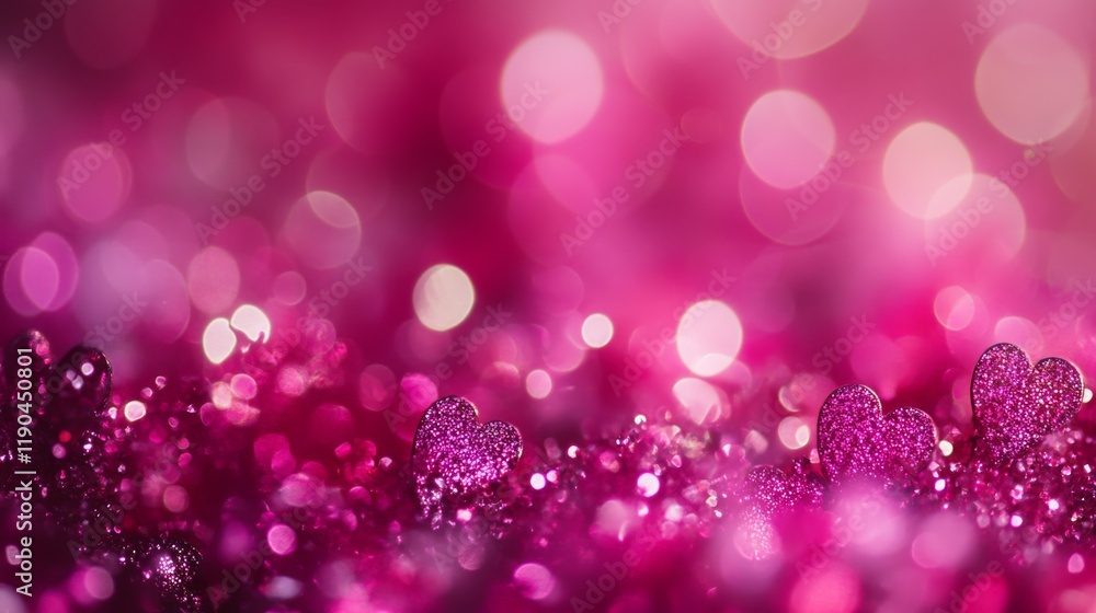 Poster rendy viva magenta color of the year 2023 featuring pink-red hearts and sparkling glitter bokeh back