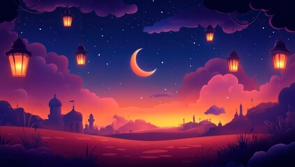 Naklejka premium Serene Night Landscape: Silhouetted City, Crescent Moon, and Glowing Lanterns