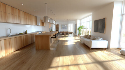Fototapeta premium Background image of cozy living room with mid-century modern furniture and plants. Living room with white wall and sun shining though window. Warm and inviting home interior design concept.
