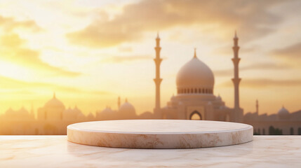 Naklejka premium Podium at sunset with mosque and beautiful golden glow