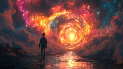 Silhouette of a person standing before a swirling, colorful, cosmic portal above a city.