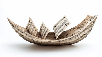 Sheet music shaped as a boat with pages floating.