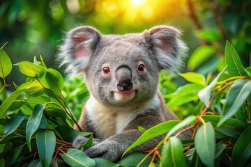 Fototapeta premium A cute koala rests peacefully in eucalyptus leaves; stunning Aussie wildlife photography.