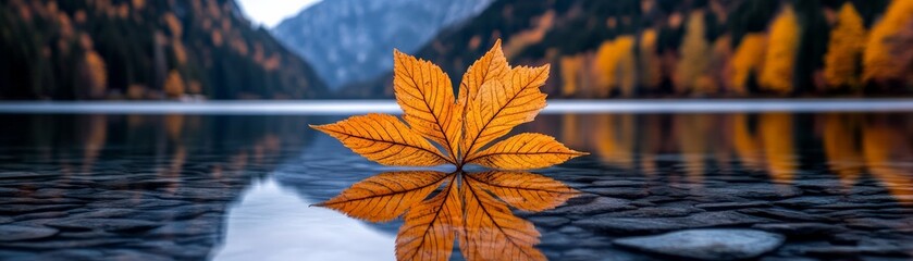 Autumn Serenity: A single, vibrant orange leaf floats on a still lake, its reflection mirroring the surrounding autumnal landscape, creating a harmonious scene of tranquility and natural beauty.