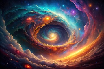 Obraz premium An abstract universe unfolds: a vertical phone wallpaper featuring a cosmic nebula, digital art, and sci-fi fantasy.
