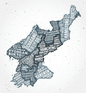 Artistic vector illustration of Democratic People's Republic of Korea regions word clouds. Country shape on textured background. DPRK design in typographic style.
