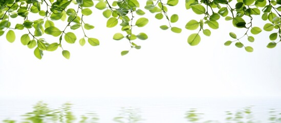 Obraz premium Green leaves hanging over water reflection.