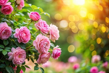 Fototapeta premium A summer garden's bokeh-filled romance: pink climbing roses for Valentine's and birthdays.