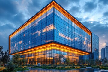 Sleek glass skyscraper with reflections of a blue sky and clouds