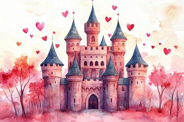 Obraz premium Valentine's Day watercolor a whimsical fairy tale castle with hearts