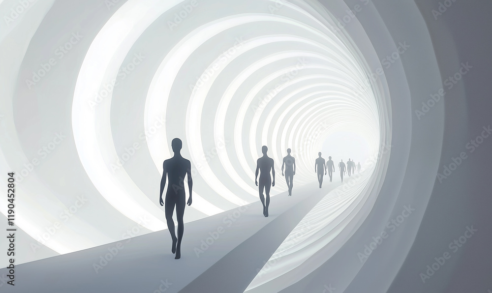 Poster surreal scene of figures walking through a bright, circular tunnel with a futuristic atmosphere.