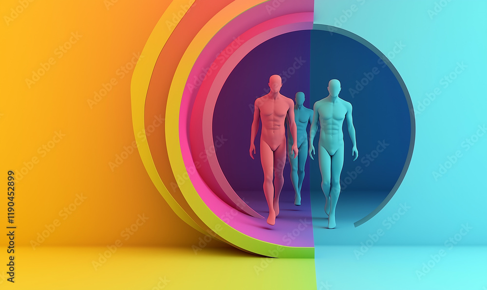 Poster three stylized figures walk through colorful circular portals, blending art and motion in a vibrant 